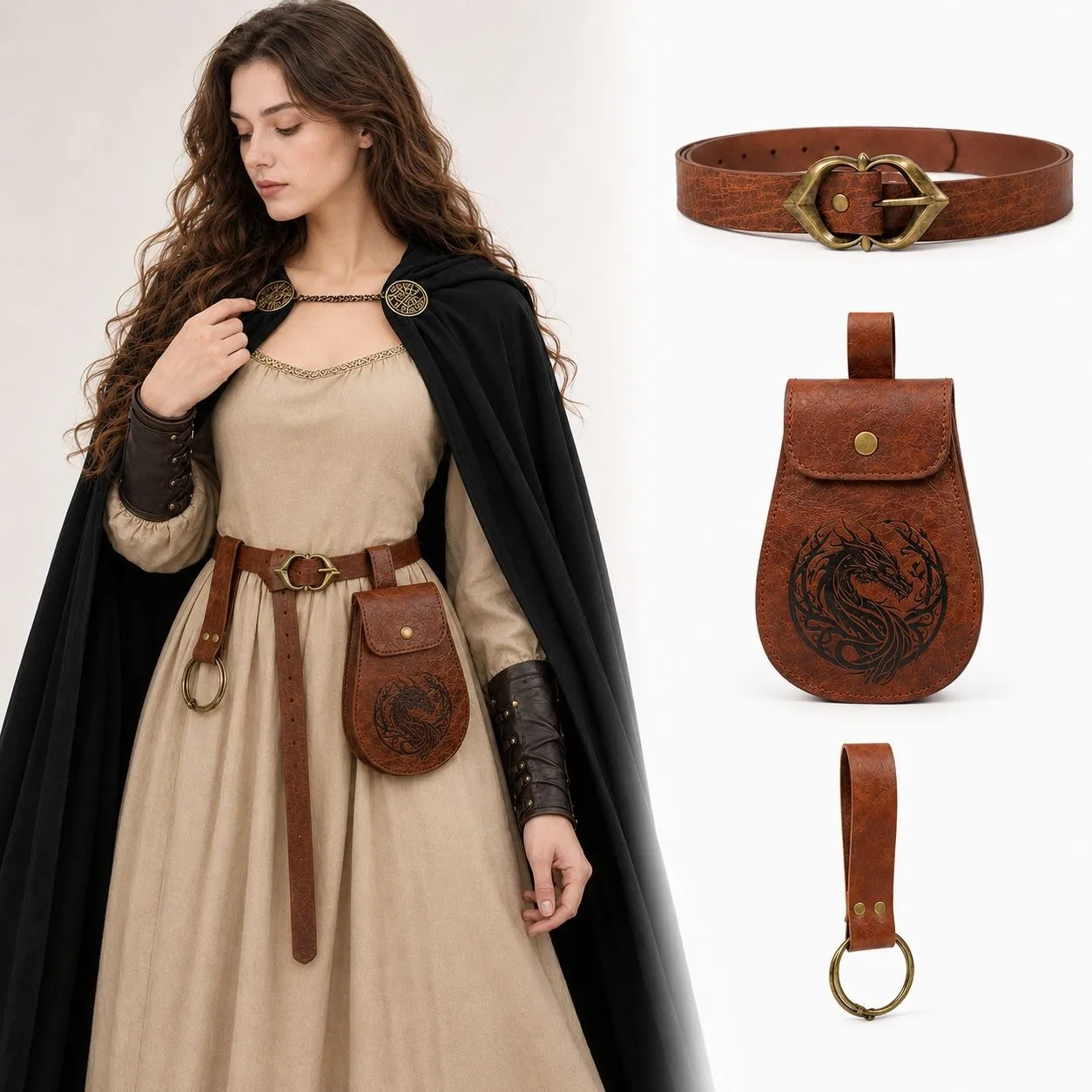 PU Leather Medieval Waist Belt Bag with Belt,  Medieval Festival Costume Halloween