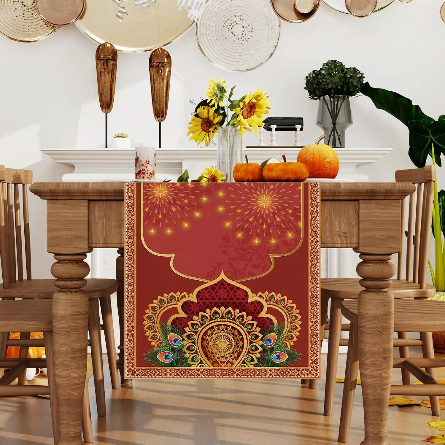 Happy Diwali Peacock Linen Table Runner Indian Festival of Lights Party Decor Reusable Kitchen Dining Table Runner Diwali Decor