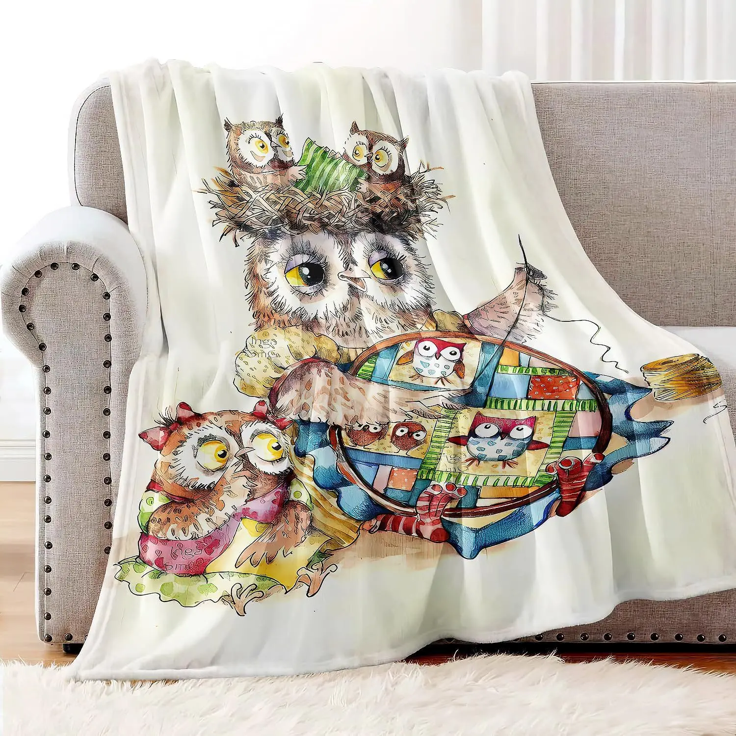 

Одеяло с принтом «Семья сов» для дивана-кровати, путешествий, кемпинга, гостиной, офиса, кондиционера, одеяло на все сезоны, подарки