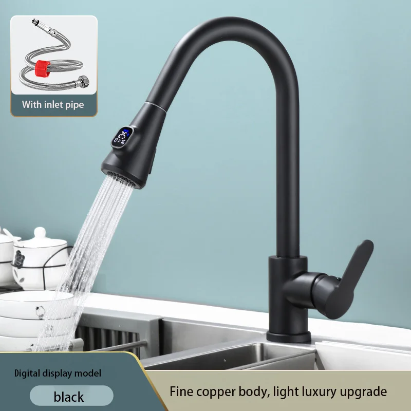 

Black Kitchen Faucet Pull-out Sink Mixer Wire Drawing Nozzle Chrome Plated Digital Display s