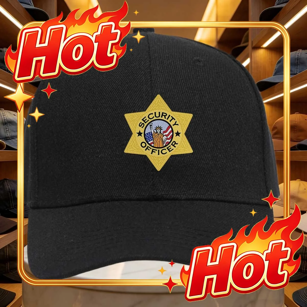 Custom Hat Yellow 1pc Security Officer Badge Style Embroidered Baseball Cap with Statue of Liberty And American Flag Design, Adj