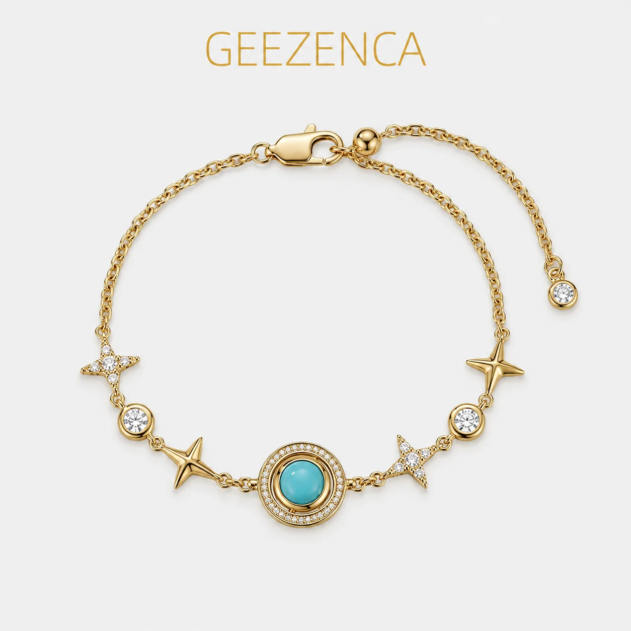 GEEZENCA 925 Sterling Silver Rotatable Round Disc Turquoise Star Charm Link Chain Bracelet For Women Dainty Shiny Bracelets Gift