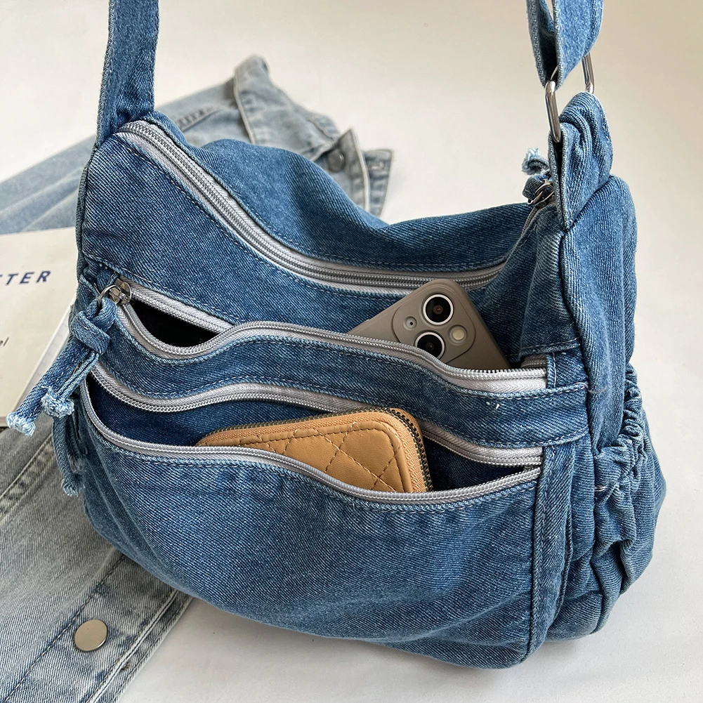 

Women Denim Fashion Shoulder Bag Large Capacity Casual Messenger Bag Adjustable Strap Vintage Satchel Bag Outdoor Travel Bag