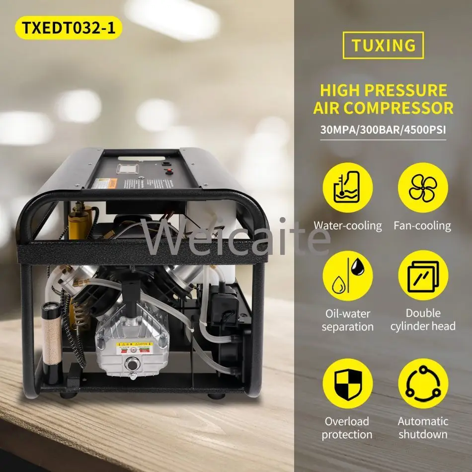 TUXING Automatic Shutdown Double Cylinder Built-in Filter 30mpa 4500psi 300bar Portable Diving PCP LCD Display Air Compressor