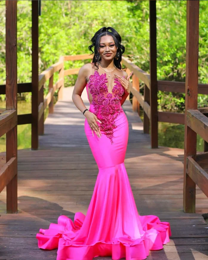 Exquisite Barbie Pink Prom Dress Sparkling Rhinestone Beaded Embellished Party Dress Black Girls Mermaid Skirt Ruffled Dress