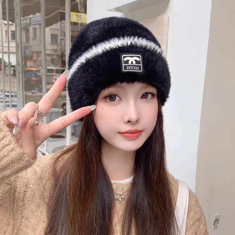 Winter Hats for Women\'s Solid Color Wool Striped Thickened Warm Knitted Beanie Fashionable Outdoor Girls Casual Pullover Hat