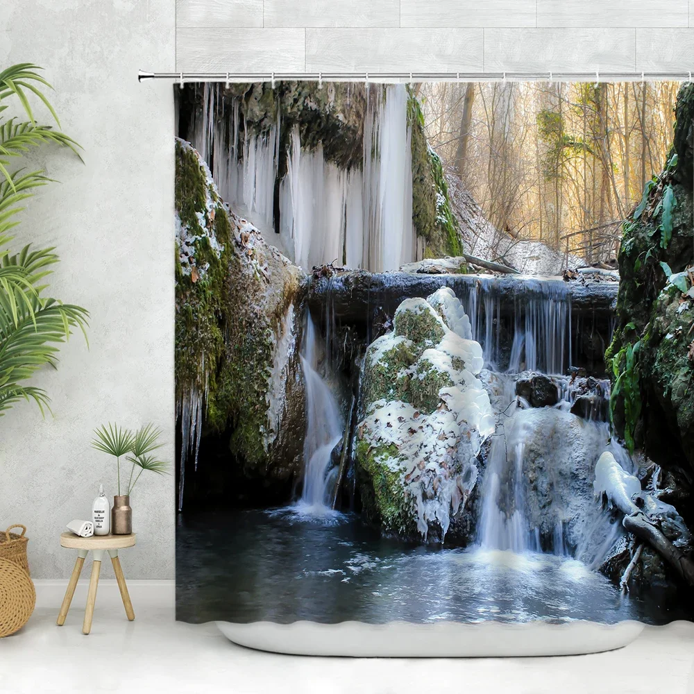 Winter Shower Curtain Forest Wooden House  White Snow Mountain Scenery Wall Cloth Decorate Bathroom Bathtub Hanging Curtains Set