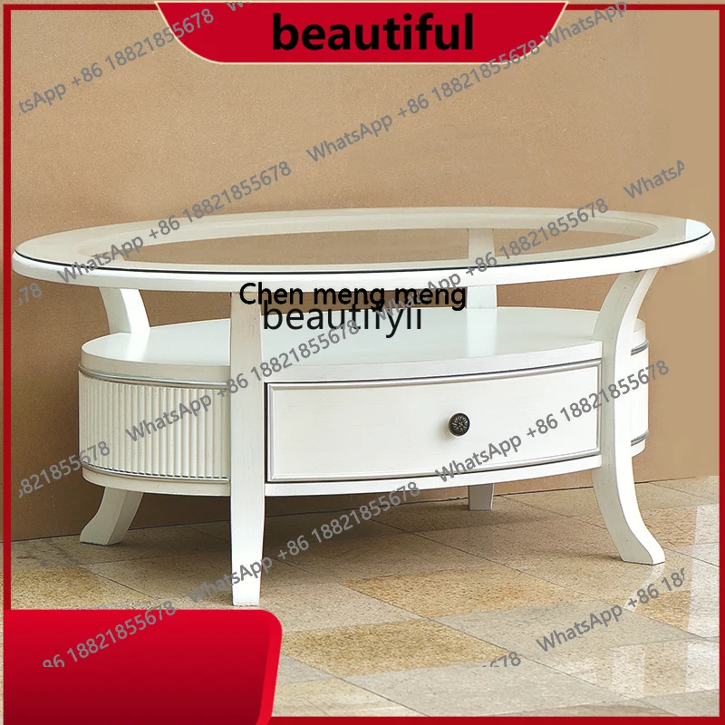 

American light luxury solid wood coffee table modern simple household two-layer coffee table, tempered glass desktop H