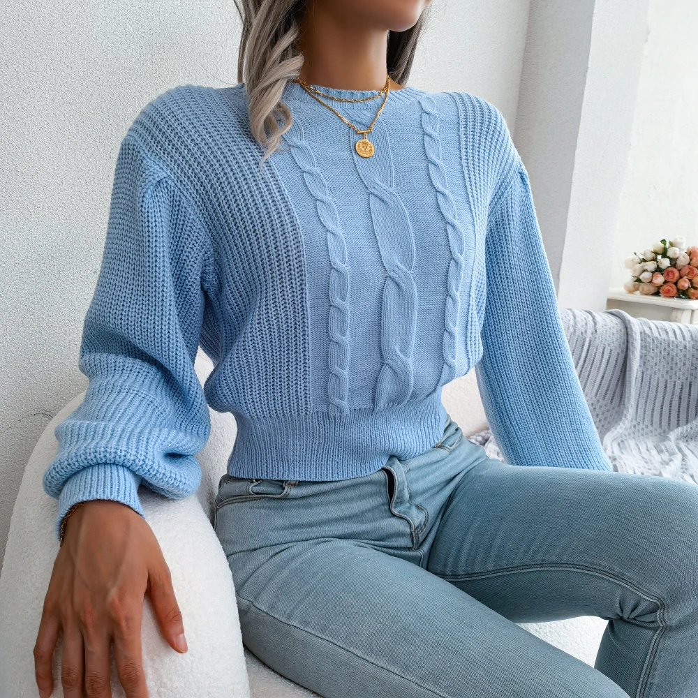 Women Casual Lantern Long Sleeve Slim Waist Knitted Sweater Pullovers For Autumn Winter 2023