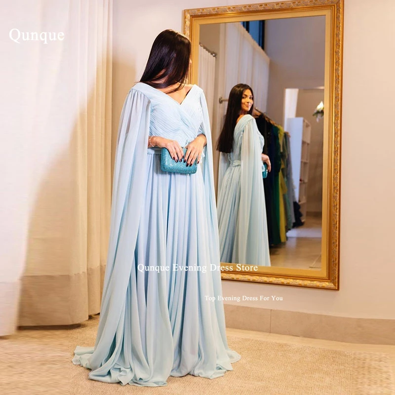 

Qunque Sky Blue Long Evening Dresses Pleat Chiffon Formal Customized Party Gowns With Fairy Flowers Cape Sleeves فساتين سهرة