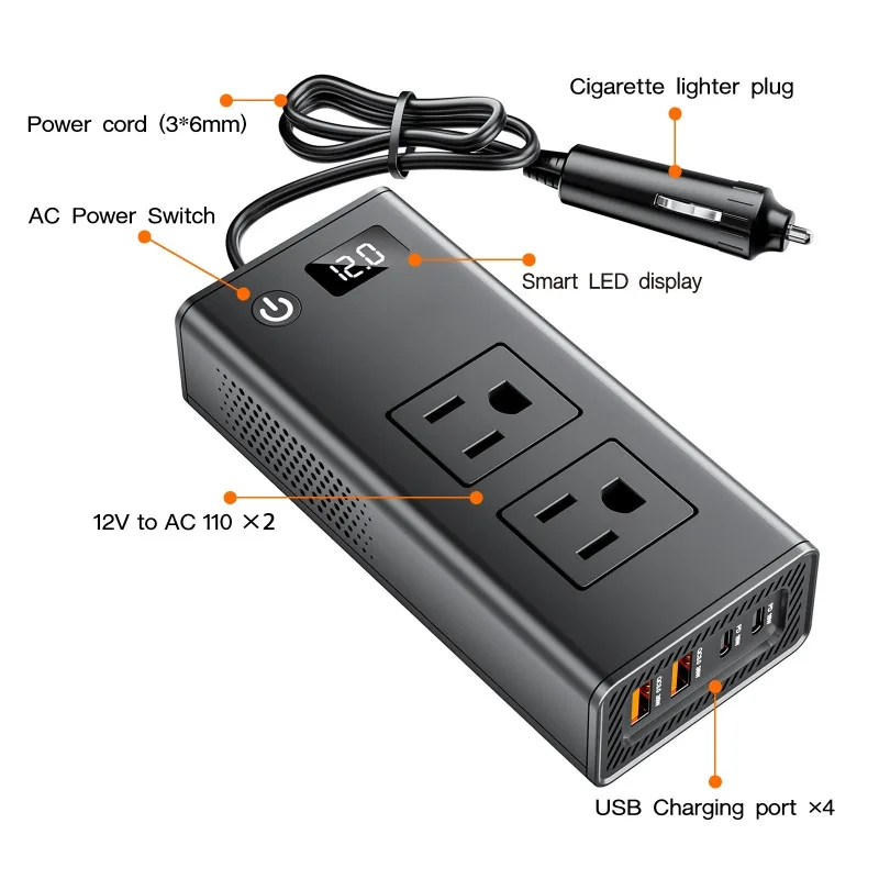200W Portable Car Inverter Adapter Converts with 4 USB Port 2 Sockets Cigarette Lighter Plug Digital Display for Business Travel 5