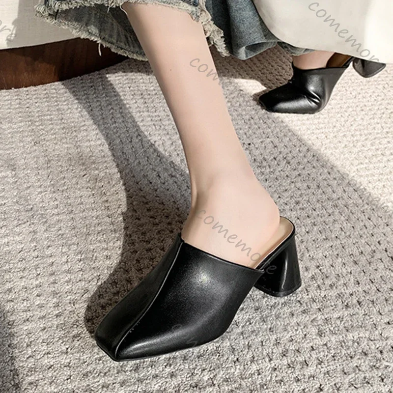 Comemore Baotou Half Slippers Women Square Head High Heels Shoes Fashion Outside Wear Thick Heel Solid Color Mules Slides Shoes