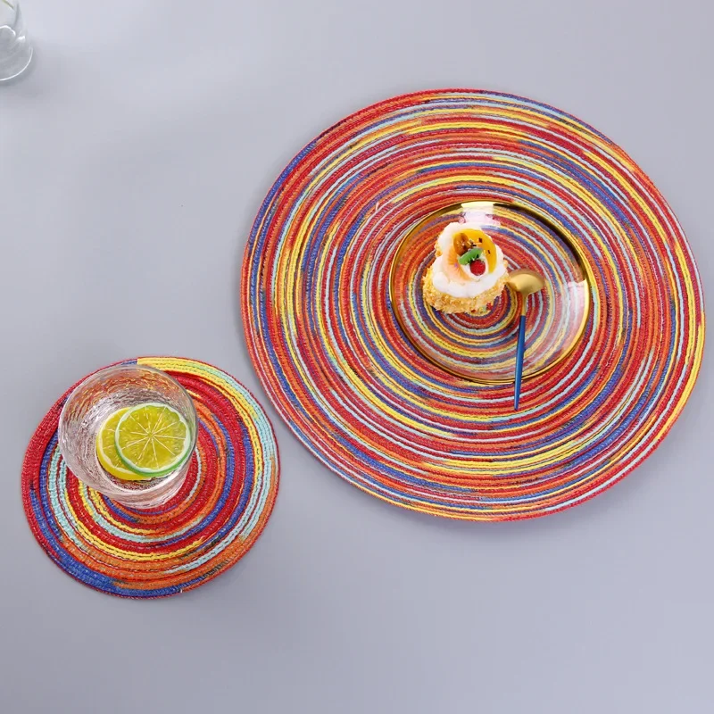 

Colorful Satin-dyed Ramie Cotton Yarn Woven Anti-slip Perm Placemat Tea Coaster Round Placeplate Mat Flower Mat