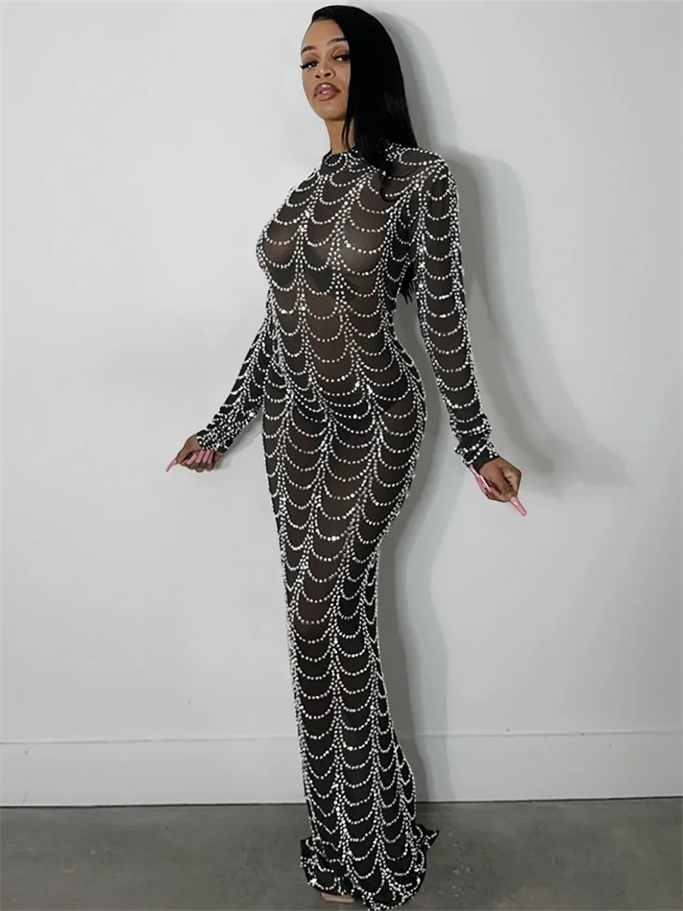 Leosoxs ตาข่ายดูผ่านชุดยาวผู้หญิง Rhinestones ตกแต่งแขนยาว Skinny Wrap Hip Midnight เซ็กซี่ Coquette Vestidos
