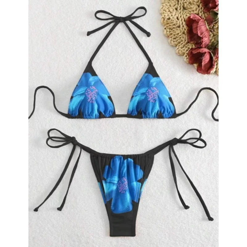 Vintage Flower Pattern Bikini Set Swimsuit Women Halter Triangle Lace Up Thong Micro Bikini 2025 New Vacation Beachwear Biquini