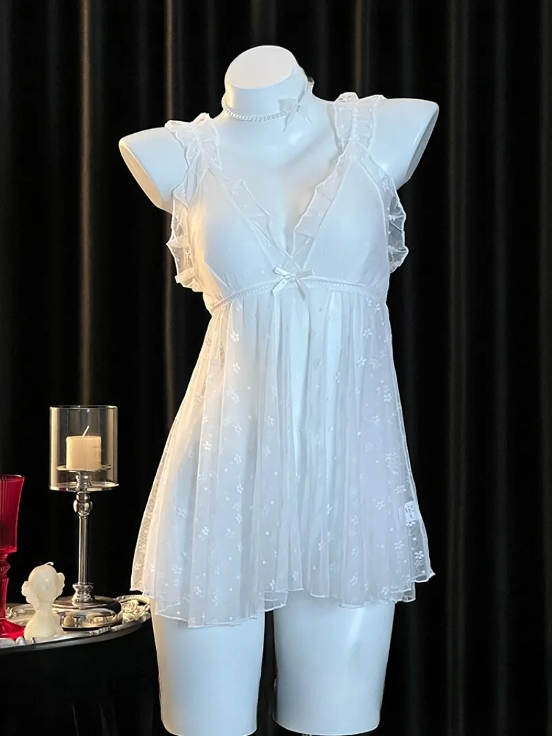 

White Chiffon Floral Babydoll Nightgown,Sexy Lace Halter Mini Dress,Sheer Mesh Sleepwear Women,Sweet Yet Seductive,Lightweight