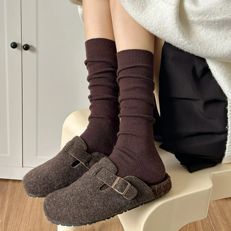 Simple Solid  Women Crew Socks Thick Warm Thermal Knit Socks Soft Breathable Basic Mid‑Calf Socks Female Daily Street Socks