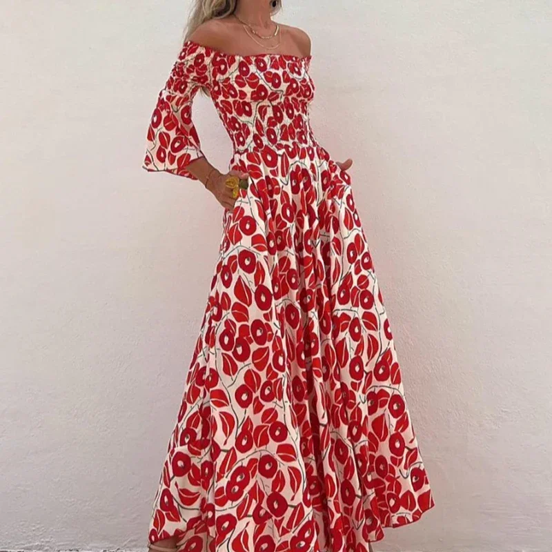 Bright Floral Print High Waist Long Dress Sexy Slash Neck Pocket Beach Dress Casual Flared Sleeves Pleated Bohemian Dress Mujer