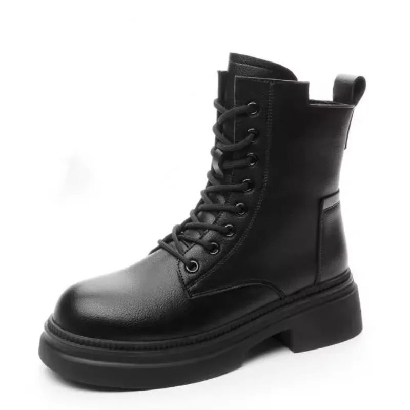 

2025 Autumn Winter Retro Genuine Leather Short Boots Women Korean Thick Platform Casual Ankle Boots 5cm Coarse Heel Cotton Shoes