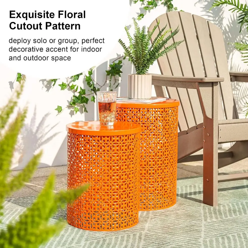 Outdoor Side Table Set o 2, Decorative Garden Stool or Patio Heavy Duty Metal e Accent Table ern End Table, Glossy Orange view 3
