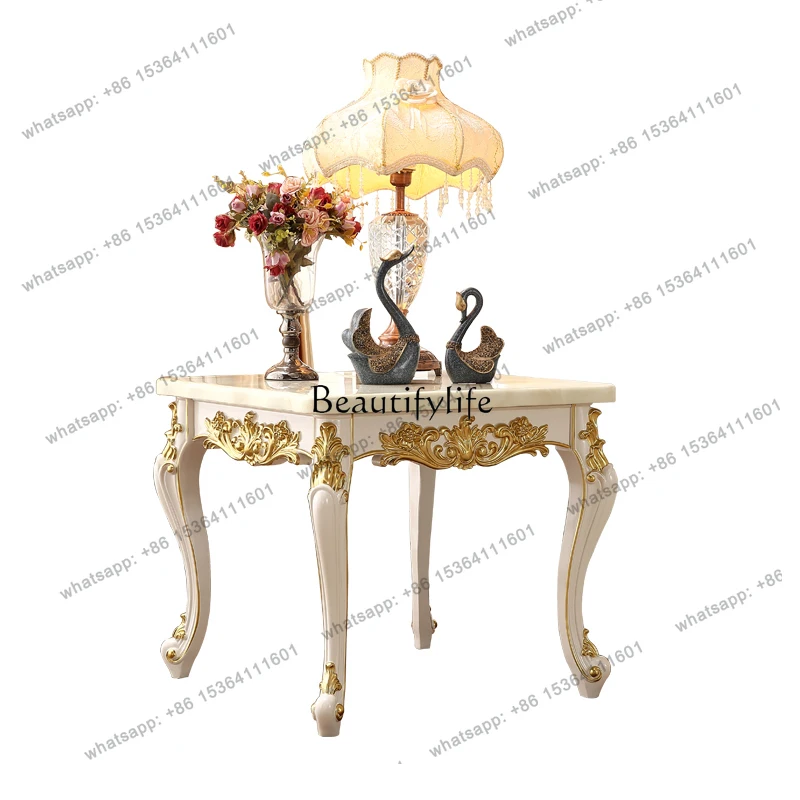 13European-Style Marble Wood Carving Matching Side Table Square Sofa Small Coffee Table