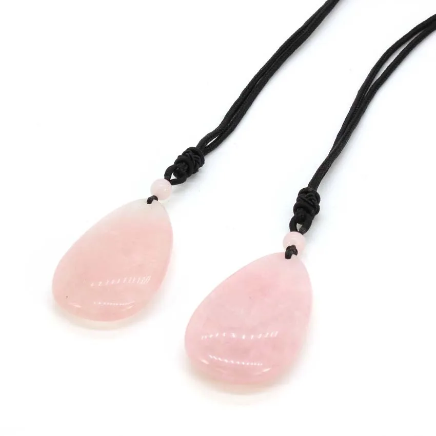 Crystal Teardrop Necklace Natural Rose Pink Quartz Water Drop Stone Pendant Rope Chain Necklace For Women Men Girls Jewelry Gift