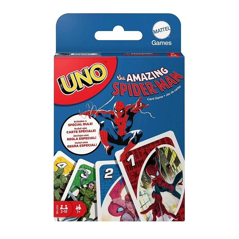 Mattel Games UNO Spider Men juego de cartas para Noche Familiar con gráficos temáticos de programa de Tv y una regla especial para 2-10 jugadores