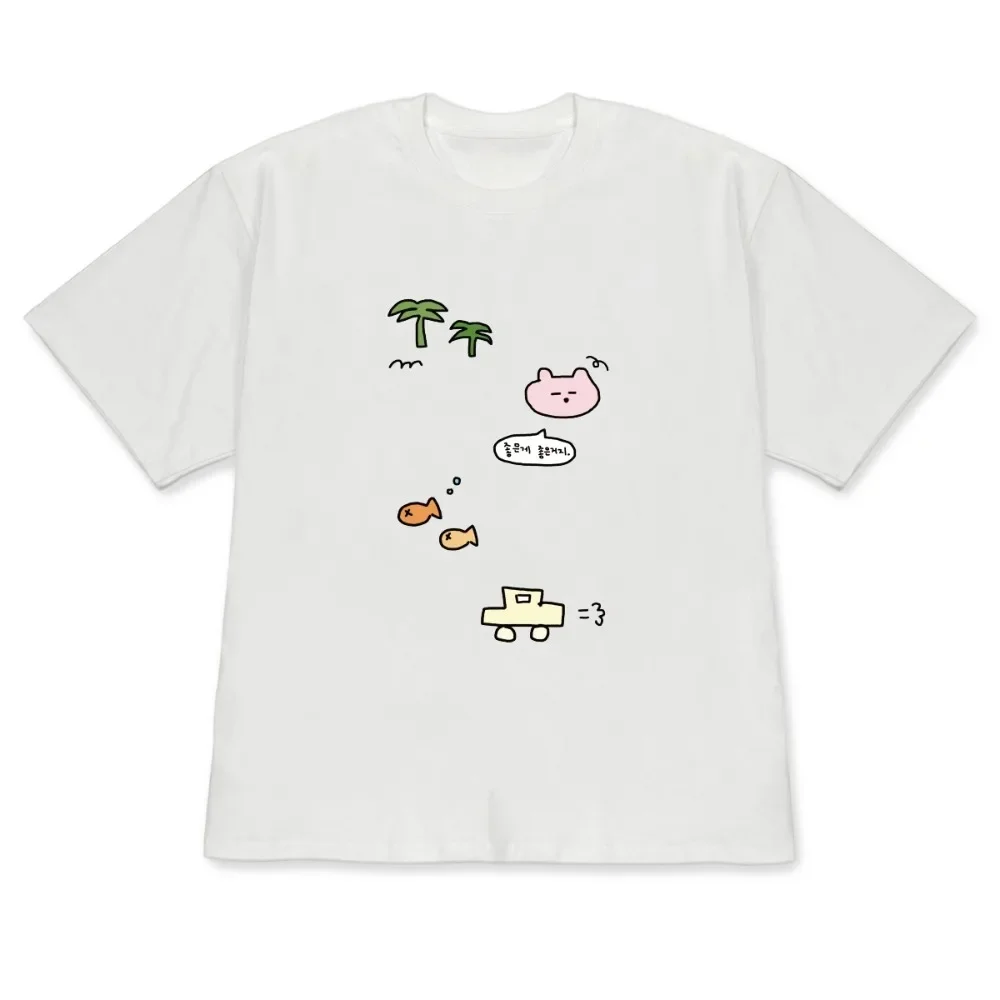 Korean Fashion Hand Drawn Bear Women T-shirt Breathable Harajuku Minimalist Funny Short Sleeve Crewneck Art Y2k Women Casual Top