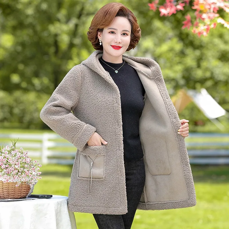 Mom Winter Clothes Velvet Warm Coat Women hooded Coat Middle-Aged Lady Grain Velvet Loose Coat Female Jacket