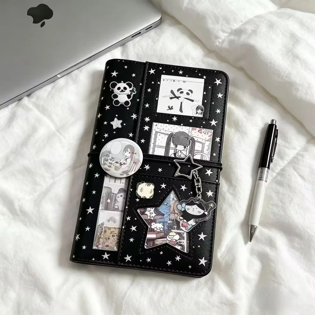 A6 Retro White Polka Dots Black Star With 45 Sheets Inner Page DIY PU Clip-on Notebook Loose Leaf Notebook - view 4