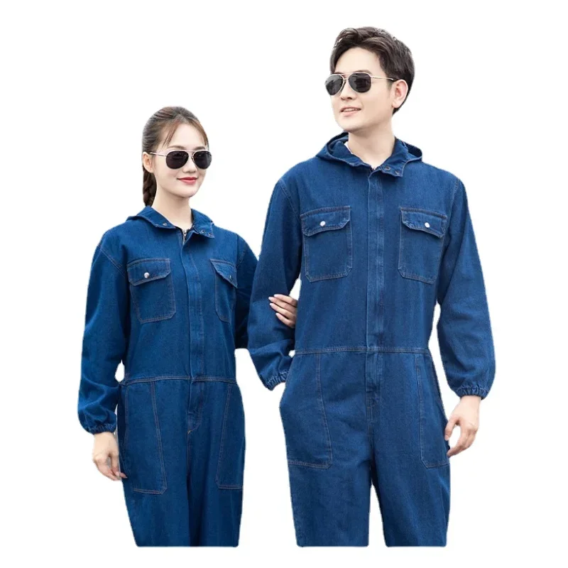 

Denim Coveralls Electric Welding Suit Labor Insurance Clothes Auto Repairman Workwear Hooded Overalls 170/175/180/185/190cm 4XL