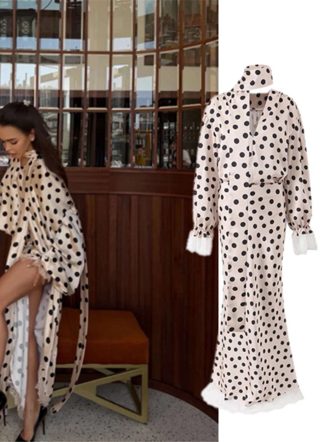 

Elegant Polka Dot Set with Sash V-Neck Long Sleeve Women's Fashion High Waist Fish Tail Skirt Breathable Mid-Thick Autumn Wear