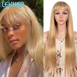 Lekker-Cabelo Remy Glueless com Franja para Mulheres, Destaque Osso Loiro Dourado, Cabelo Humano Liso, Cabelo Brasileiro, 28 polegadas, Wear to Go