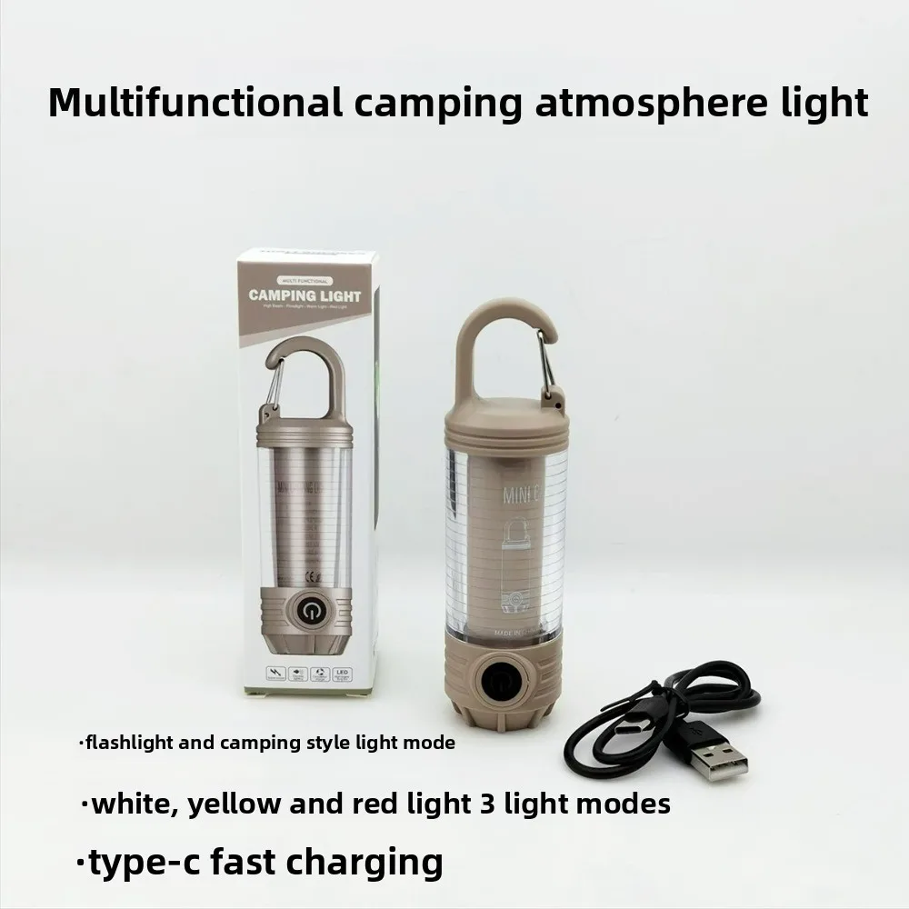 Multifunctional Camping Lantern Flashlight Type-C Rechargeable Red/White/Warm Light Ambient & Warning Lamp with Hanging Hook