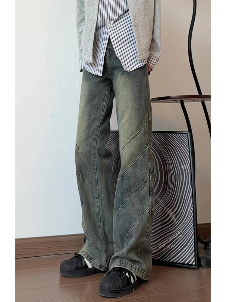 

Retro Blue Slant Cut Jeans Men's Straight Leg Spring Folded High Street American Vibe Pants Leg Lengthening Micro Flared Pants