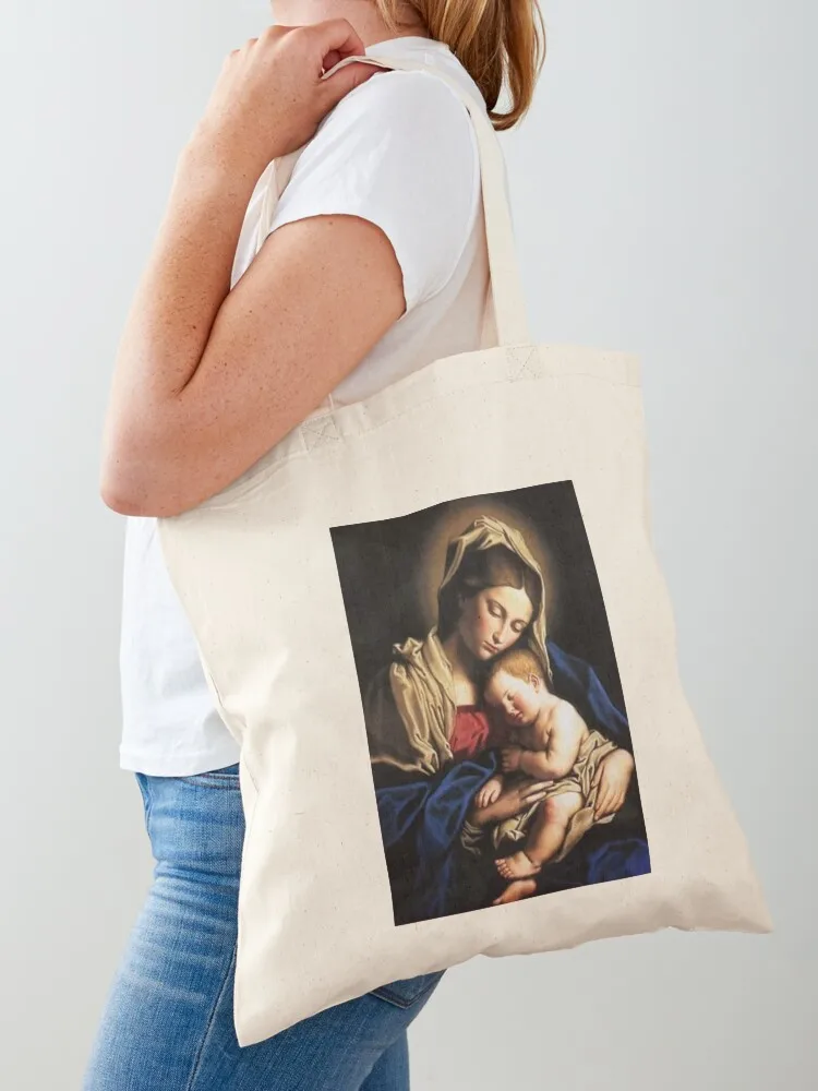 Mother Mary Holding Baby Jesus As He Sleeps Tote Bag shopping bags foldable Canvas canvas shopping bag Canvas Tote Bag