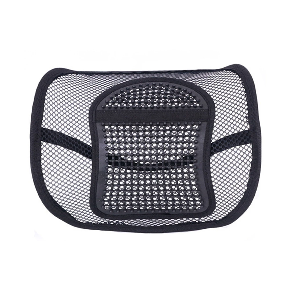 Car Lumbar Support Mesh Back Support Seat Air Flow Chair Back Elastic Strap Back Lumbar Support Wooden Beads Black