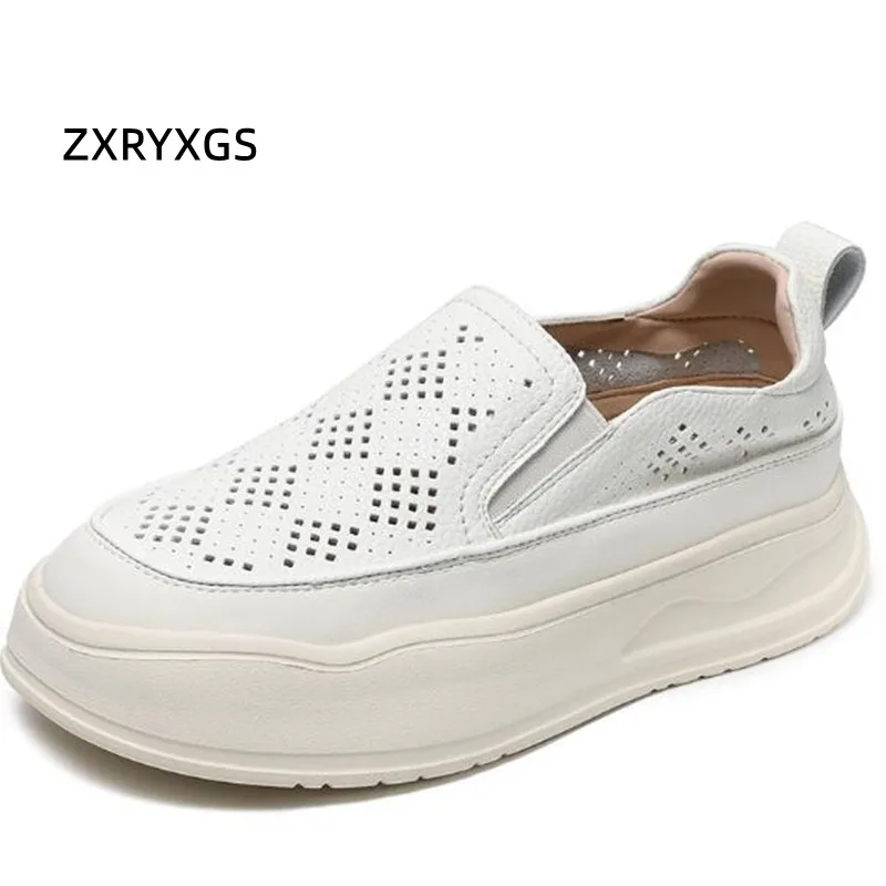 ZXRYXGS 2024 Spring Summer New Top Layer Cowhide Hollow Loafers Shoe Women's Fashion Casual Shoes Thick Soled Heightening Shoes