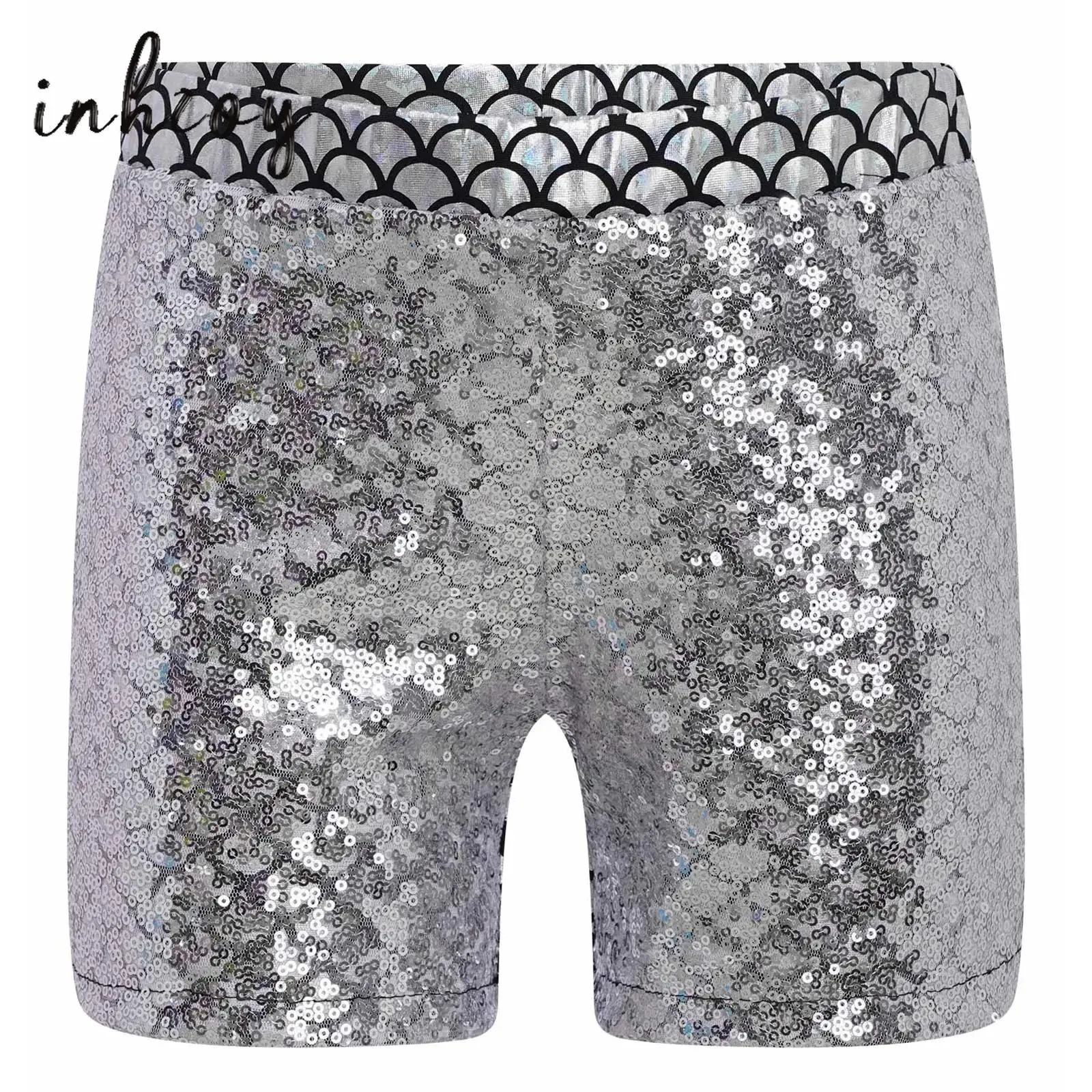 

Kids Girls Dance Shorts Fish Scale Sparkling Sequin Metallic Hip-hop Jazz Performance Costume Elastic Waistband Short Pants