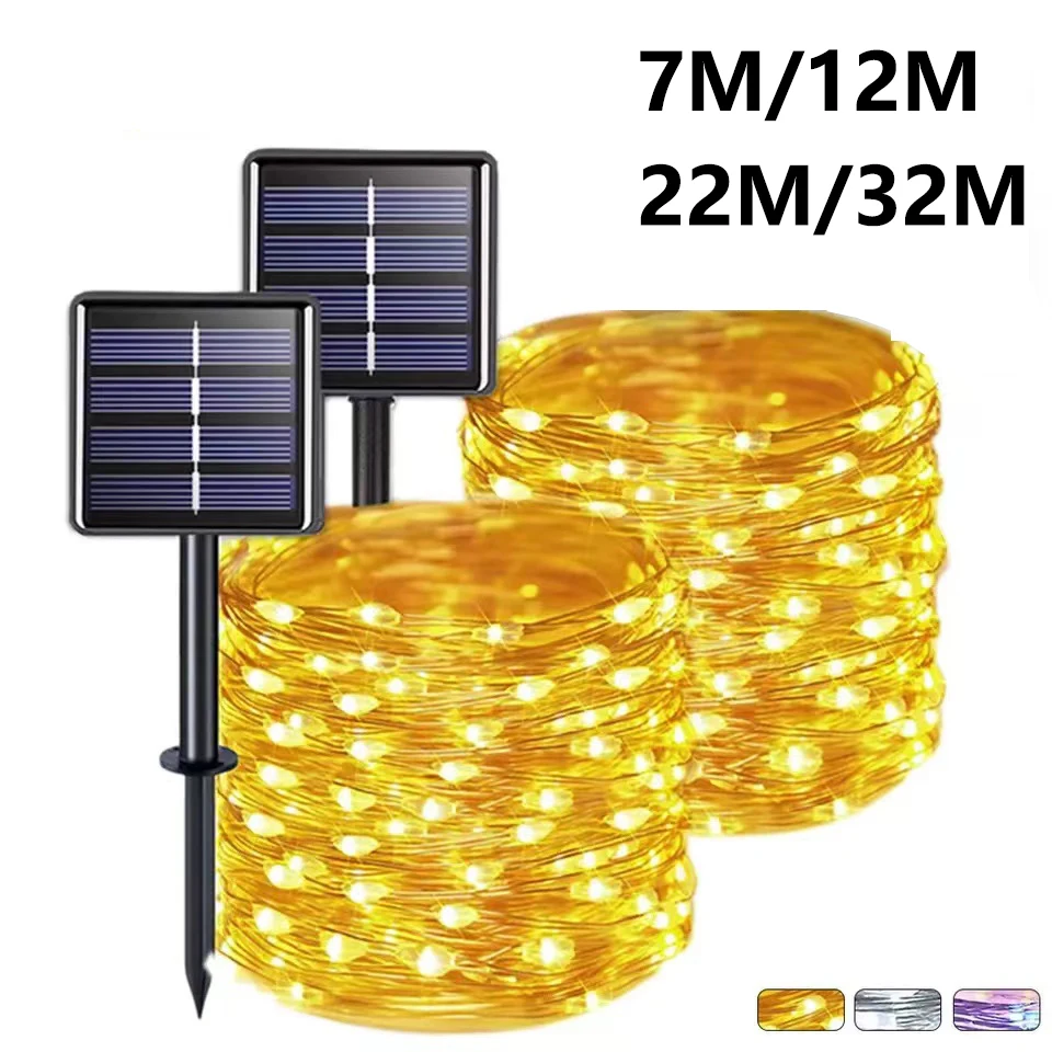 32M/22M/12M/7M Solar Fairy Lights 8Modes LED Copper Wire Lights Outdoor Xmas Lights Waterproof Garden Garland Decor