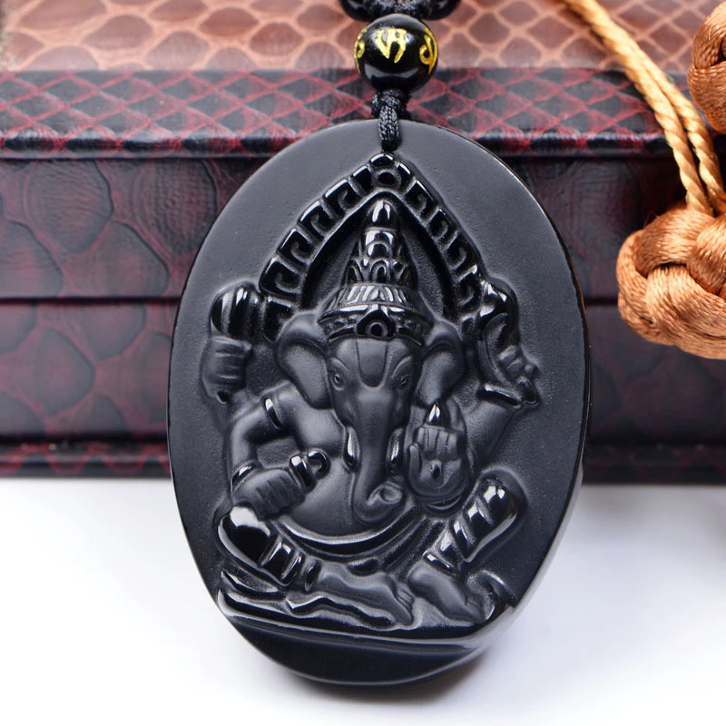 Crystal obsidian - , four-armed fortune-bringing Thai Ganesha pendant, mother and child elephant neckla