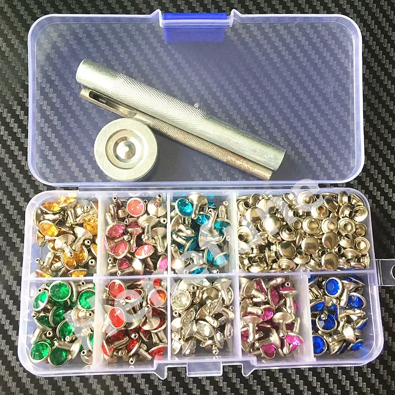 

240pcs 8colors Punk Diamond Spikes Rivets/Rhinestone Studs Decor Rivets for Leather/Belt/Handbag Double-sided Rivet DIY +Tools