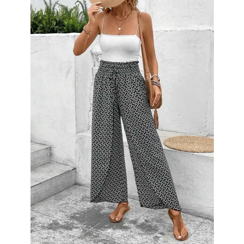 Women's Pants Fashion Versatile Elastic Fragmented Flower Side Split Wide Leg Pants