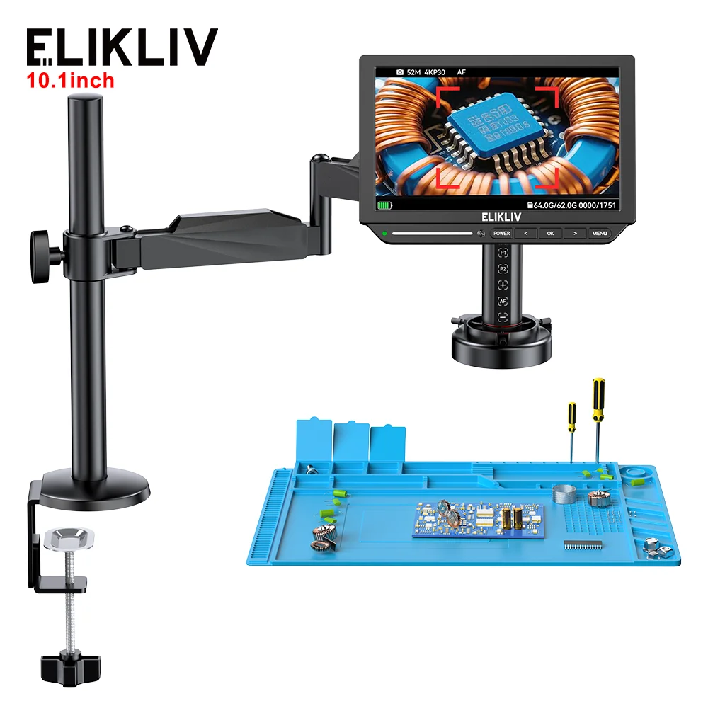 Elikliv EM4K-AF Flex 10.1'' Autofocus Digital Microscope with Arm 4K Soldering Microscopio for Electronics 2000X HDMI Microscope IPS 52MP Watchmaking Magnifier Whole Coin View for Coin Collectors
