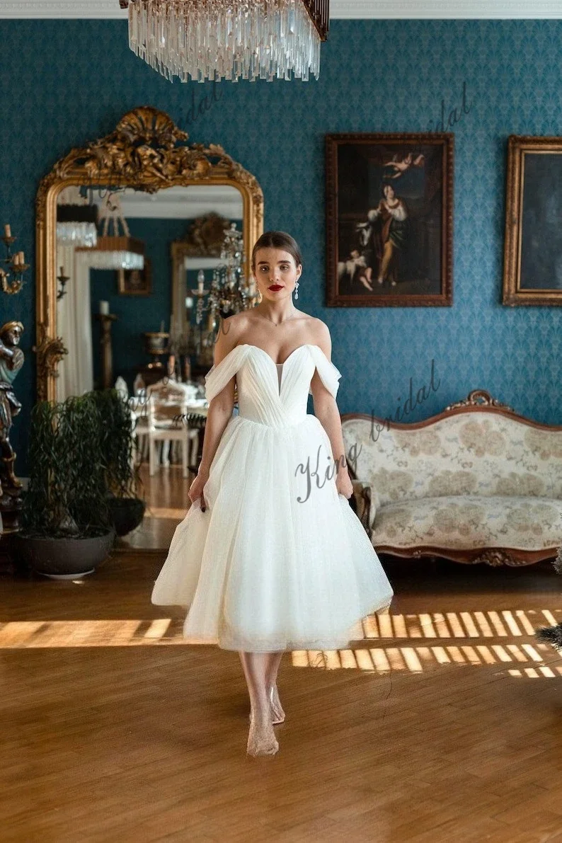 Короткое свадебное платье чайной длины на заказ, скромное свадебное бальное платье с открытыми плечами, белое простое свадебное платье невесты, вечерние платья