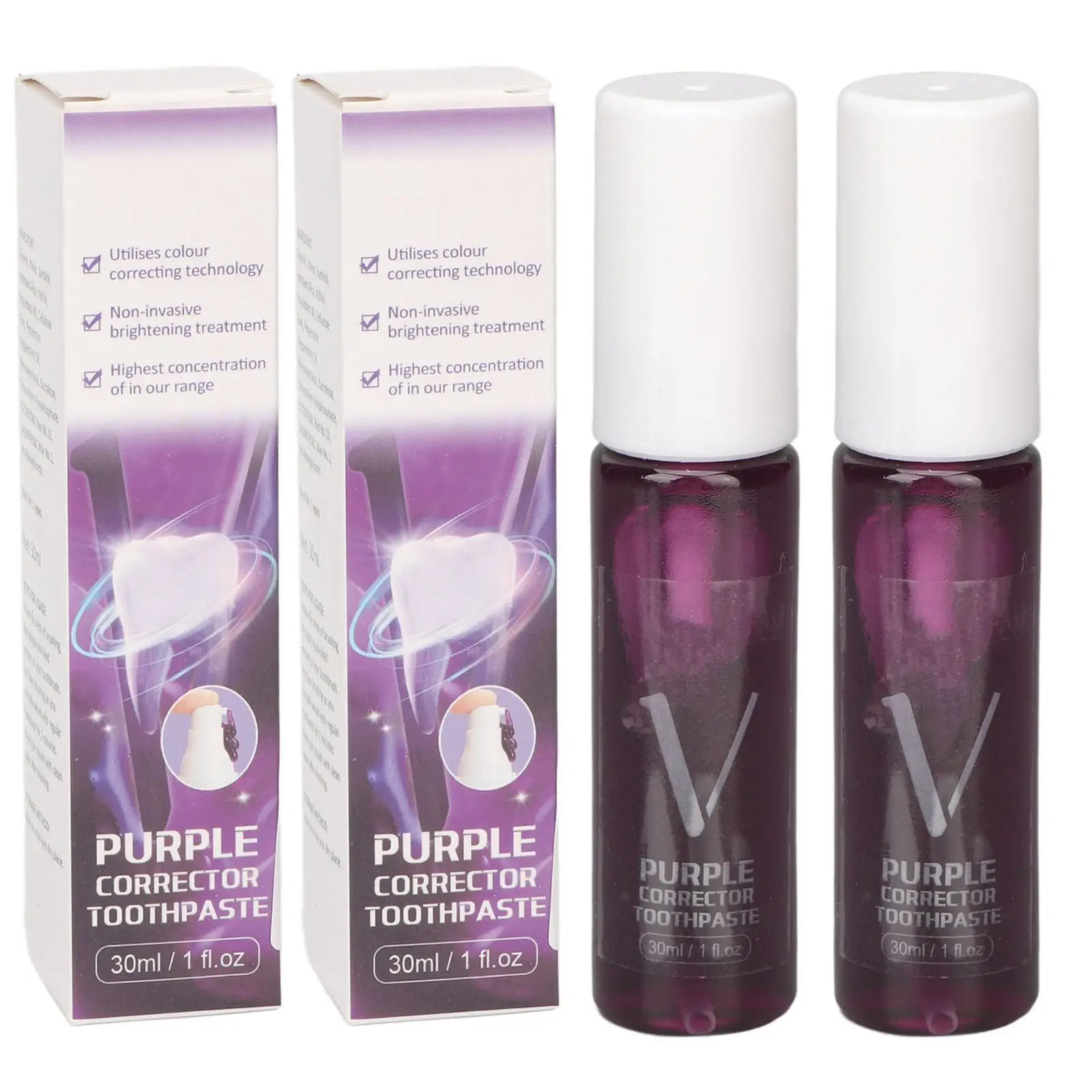 2pcs 30ML Purple Teeth Whitening Toothpaste for Stain Removal & Fresh Breath - Color Corrector Formula