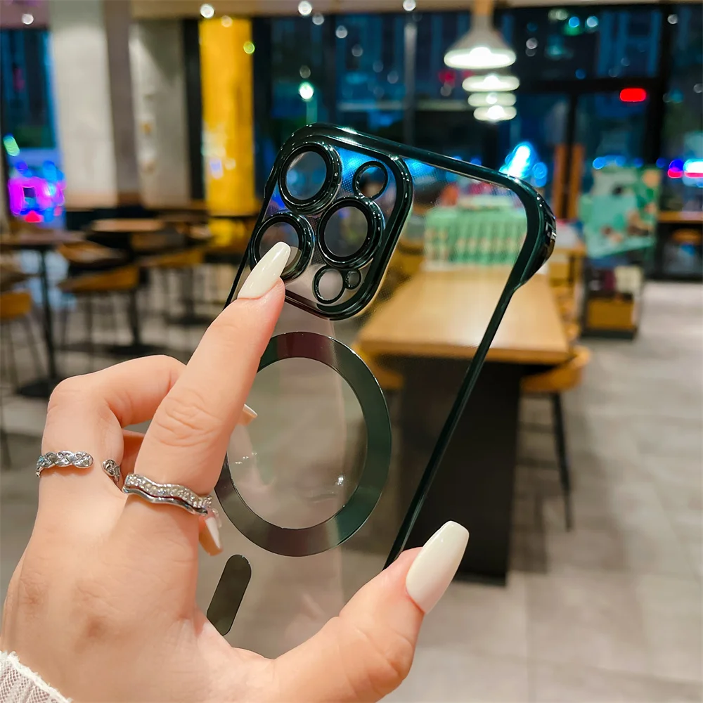 Ultra-Dunne Kristalheldere Randloze Magsafe Case Voor Iphone 15 Pro Max 11 12 13 15 Pro 14 Plus Draadloos Opladen Frameloze Hoes