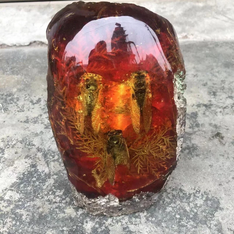 

Wholesale Antique Crafts Resin Amber with Insects Scorpion Cicada Crab Butterfly Insect Specimen Tree Stump Ornament