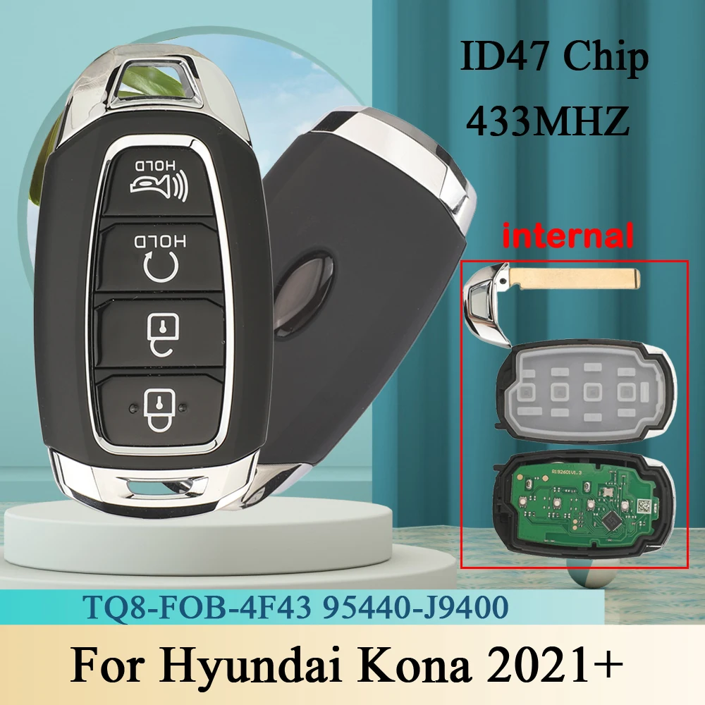 

jingyuqin 4 Buttons 433MHz ID47 Chip 95440-J9400 TQ8-FOB-4F43 For Hyundai Kona 2021+ Keyless Go Fob Remote Car Key
