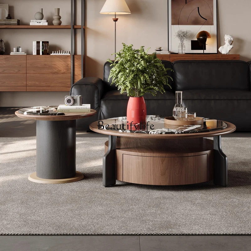 

Medieval style coffee table side table combination round light luxury high-end home living room small apartment